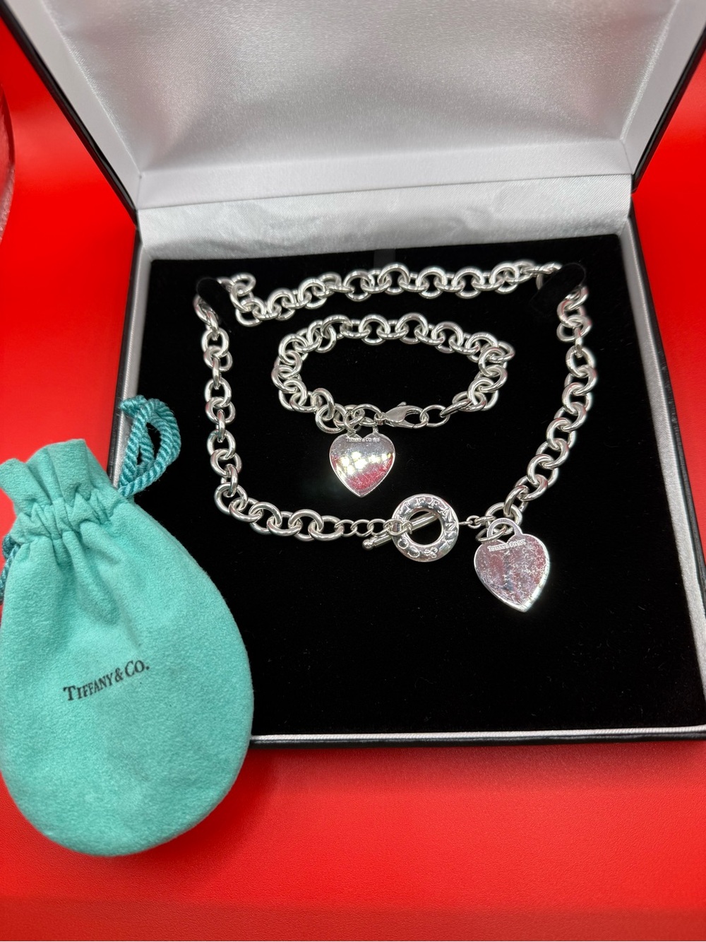 Tiffany & Co. Silver Heart Charm Necklace and Bracelet Set - Blue Green Pouch